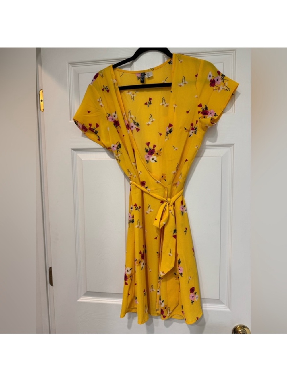 H&M Yellow Floral Wrap Mini Dress with Tie